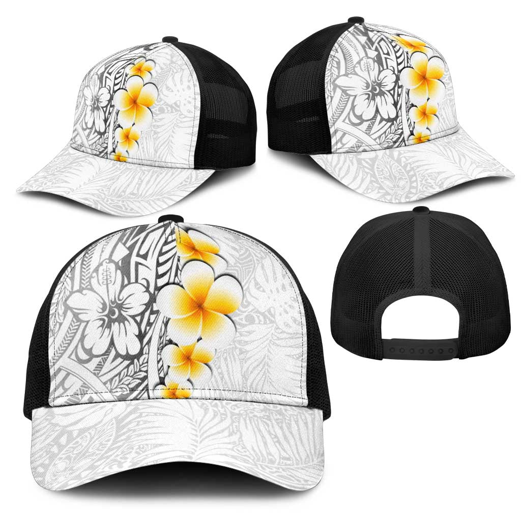 White Tropical Plumeria With Galaxy Polynesian Art Mesh Trucker Cap - Polynesian Pride