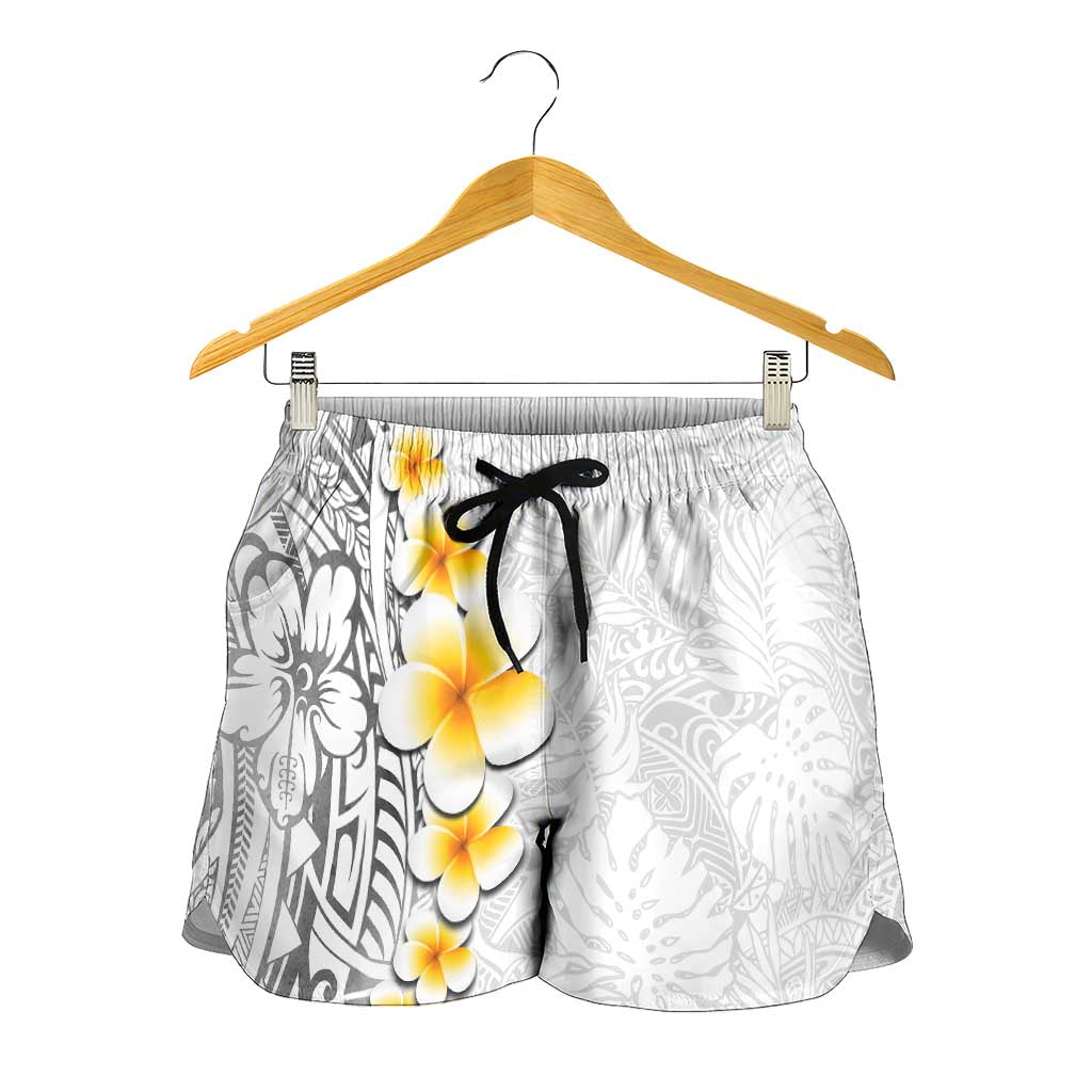 White Tropical Plumeria With Galaxy Polynesian Art Shorts for Women - Polynesian Pride