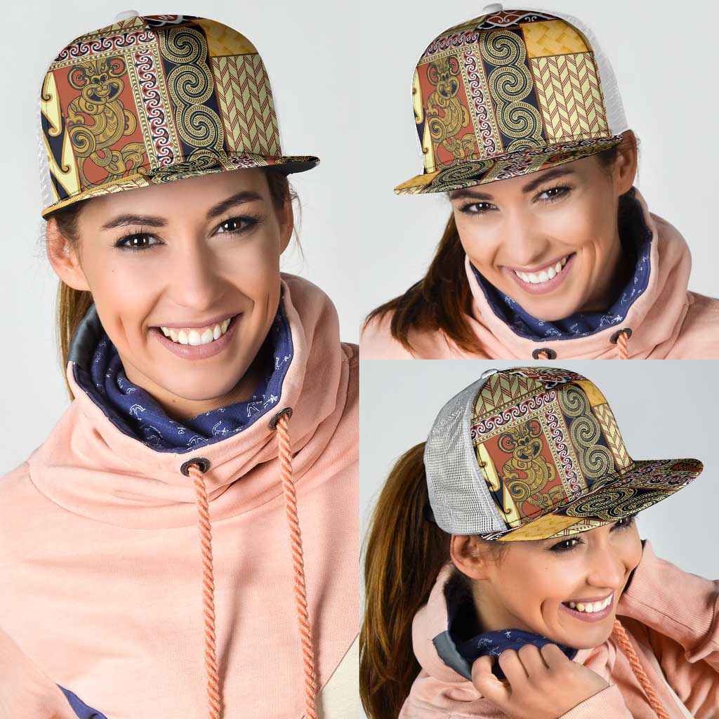 Yellow Aotearoa Kowhaiwhai Pattern Mesh Trucker Cap NZ Maori Quilt Style - Polynesian Pride