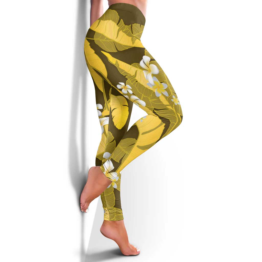 Yellow Banana Leaf Hawaii Leggings Lau Maia Plumeria Tropical Summer Vibes LT14 - Polynesian Pride