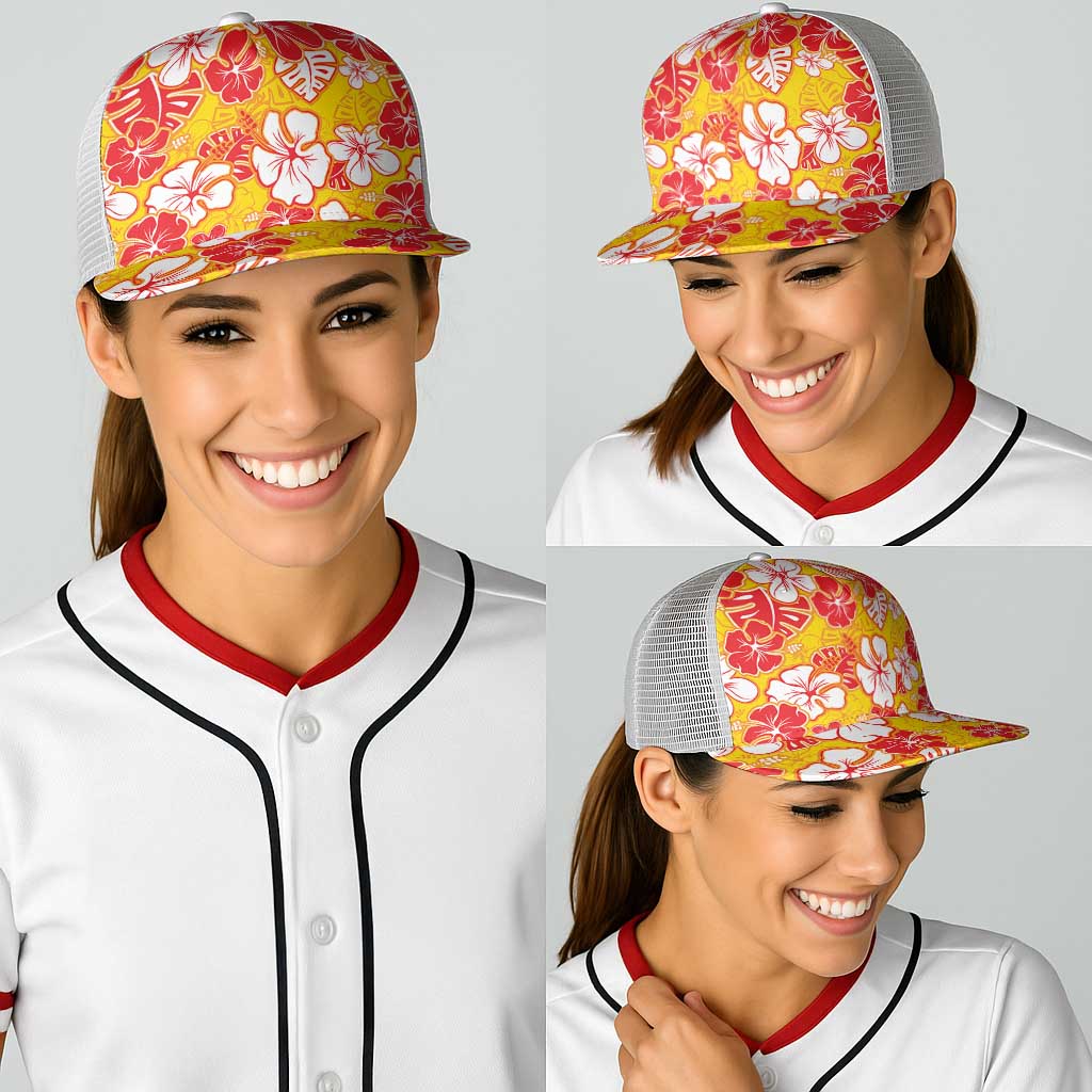 Yellow Hawaii Hibiscus Baseball Net Cap Tropical Flowers Seamless Pattern - Polynesian Pride