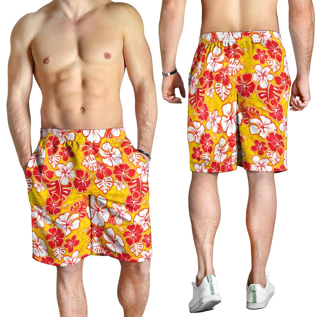 Yellow Hawaii Hibiscus Shorts for Men Tropical Flowers Seamless Pattern - Polynesian Pride