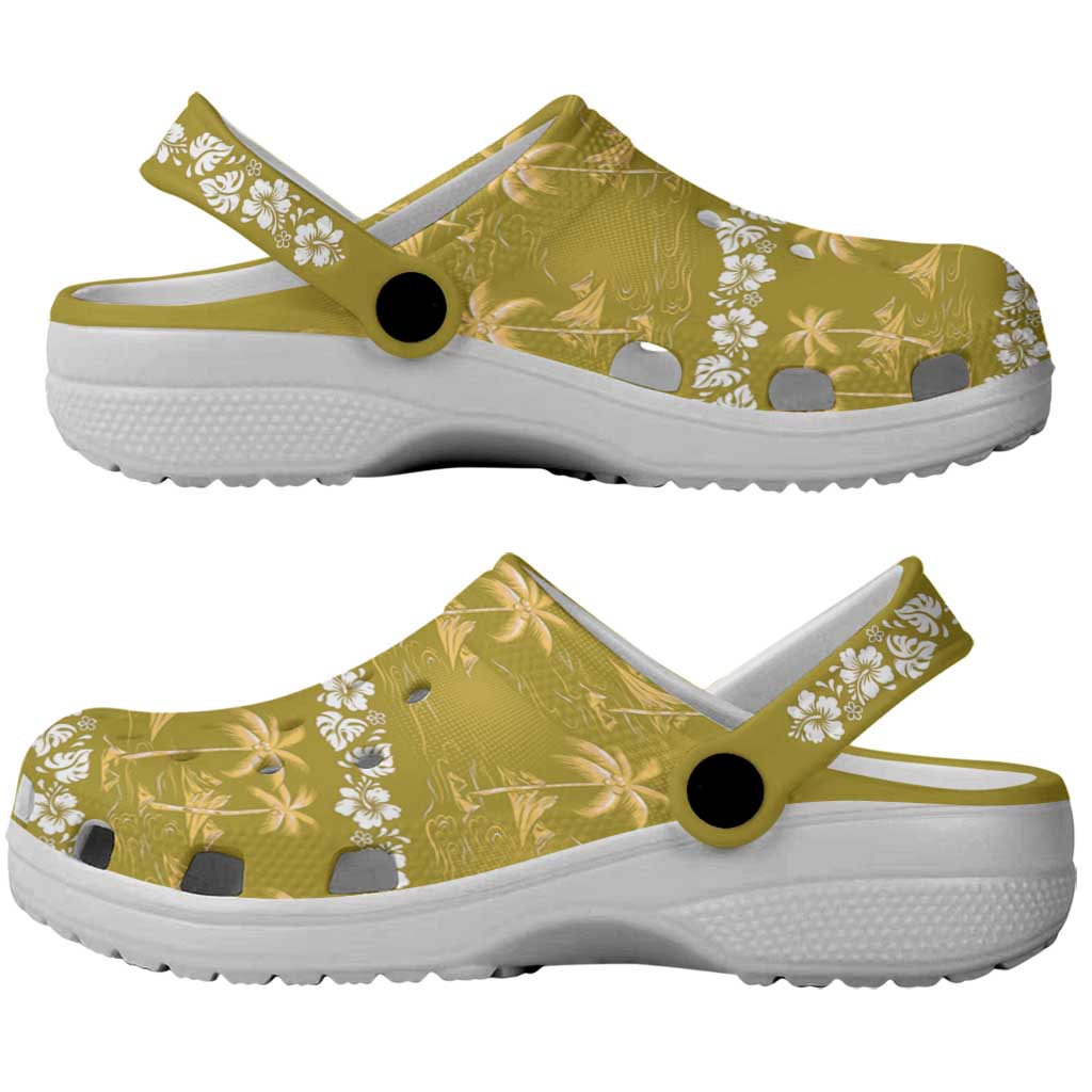Yellow Hawaii Palm Tree Hibiscus Clogs Shoes Fantasy Summer Vibe