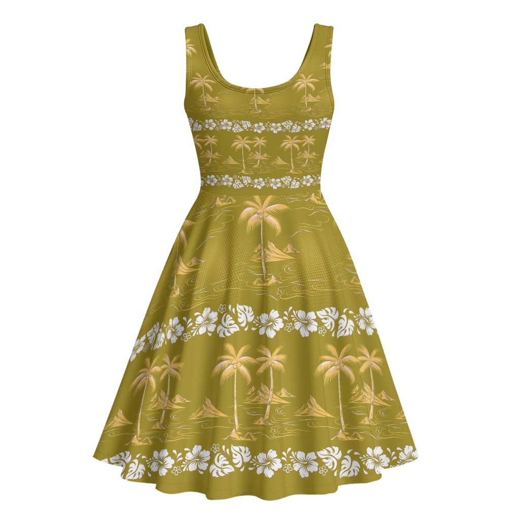 Yellow Hawaii Palm Tree Hibiscus Midi Dress Fantasy Summer Vibe