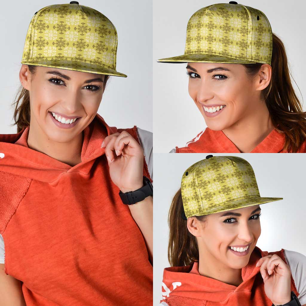 Yellow Hawaiian Quilt Snapback Cap Hawaii Pineapple Monstera Palaka Motifs - Polynesian Pride