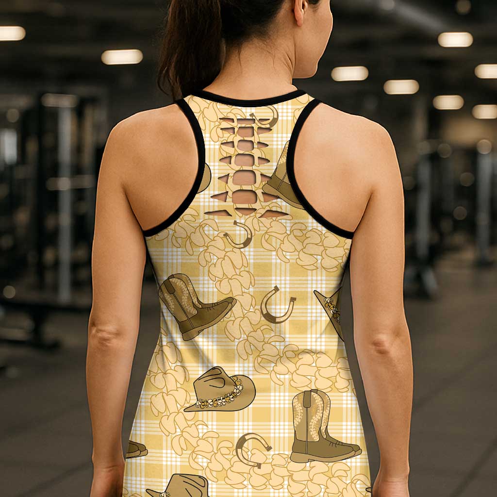 Yellow Palaka Hawaii Cowboy Hollow Tank Top Puakenikeni Lei Paniolo Papale Seamless Vibes LT14 - Polynesian Pride