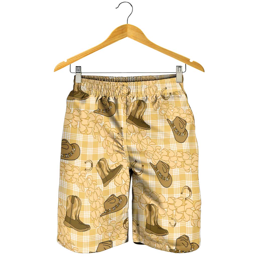 Yellow Palaka Hawaii Cowboy Shorts for Men Puakenikeni Lei Paniolo Papale Seamless Vibes LT14 - Polynesian Pride