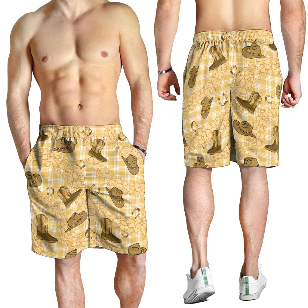 Yellow Palaka Hawaii Cowboy Shorts for Men Puakenikeni Lei Paniolo Papale Seamless Vibes LT14 - Polynesian Pride