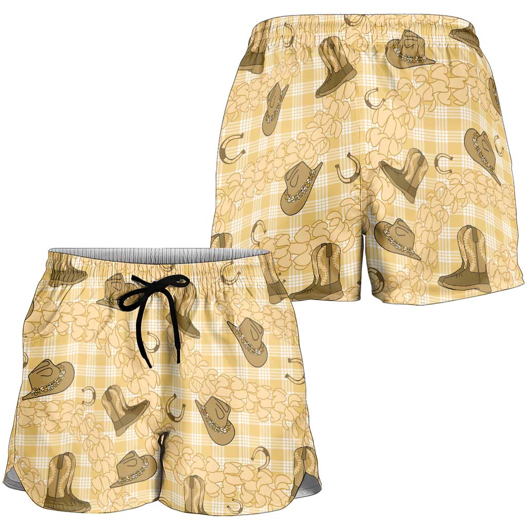 Yellow Palaka Hawaii Cowboy Shorts for Women Puakenikeni Lei Paniolo Papale Seamless Vibes LT14 - Polynesian Pride