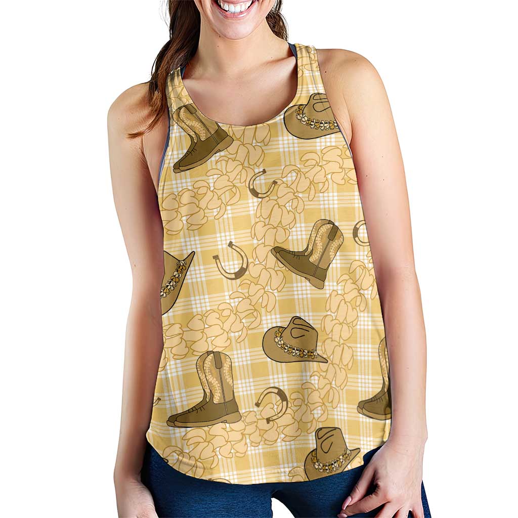 Yellow Palaka Hawaii Cowboy Women Racerback Tank Puakenikeni Lei Paniolo Papale Seamless Vibes LT14 - Polynesian Pride