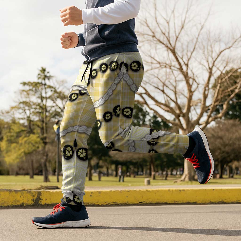 Yellow Palaka Hawaii Jogger Pants Kukui Nut Pikake Lei Hawaiian Tapa Pattern - Polynesian Pride
