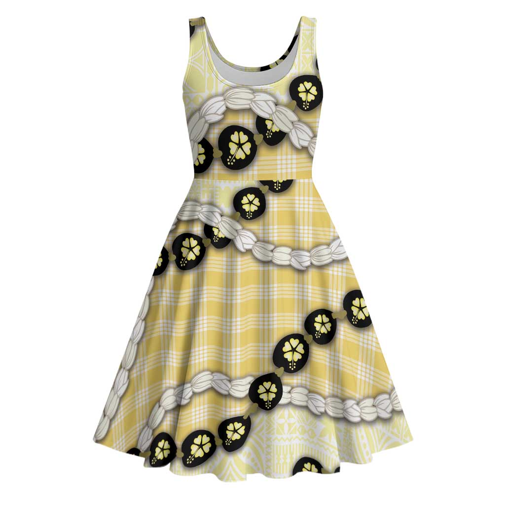 Yellow Palaka Hawaii Midi Dress Kukui Nut Pikake Lei Hawaiian Tapa Pattern LT14 Yellow - Polynesian Pride