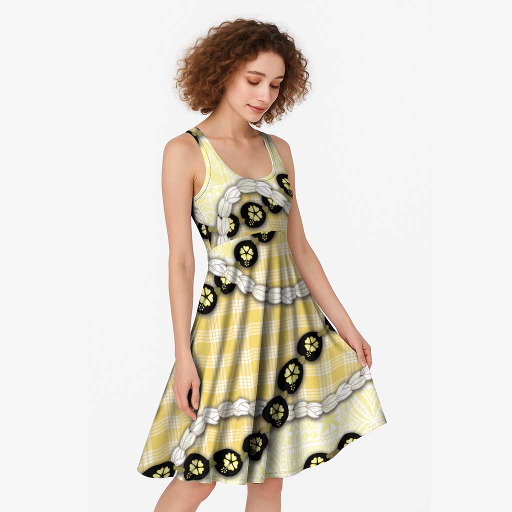 Yellow Palaka Hawaii Midi Dress Kukui Nut Pikake Lei Hawaiian Tapa Pattern LT14 - Polynesian Pride