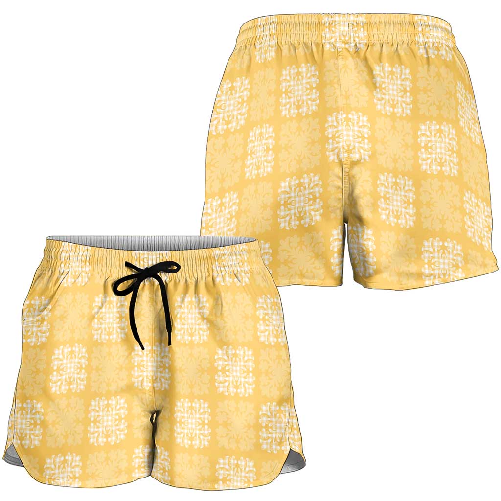 Yellow Palaka Quilt Hawaii Shorts for Women Traditional Hawaii-plaid Pattern LT14 - Polynesian Pride