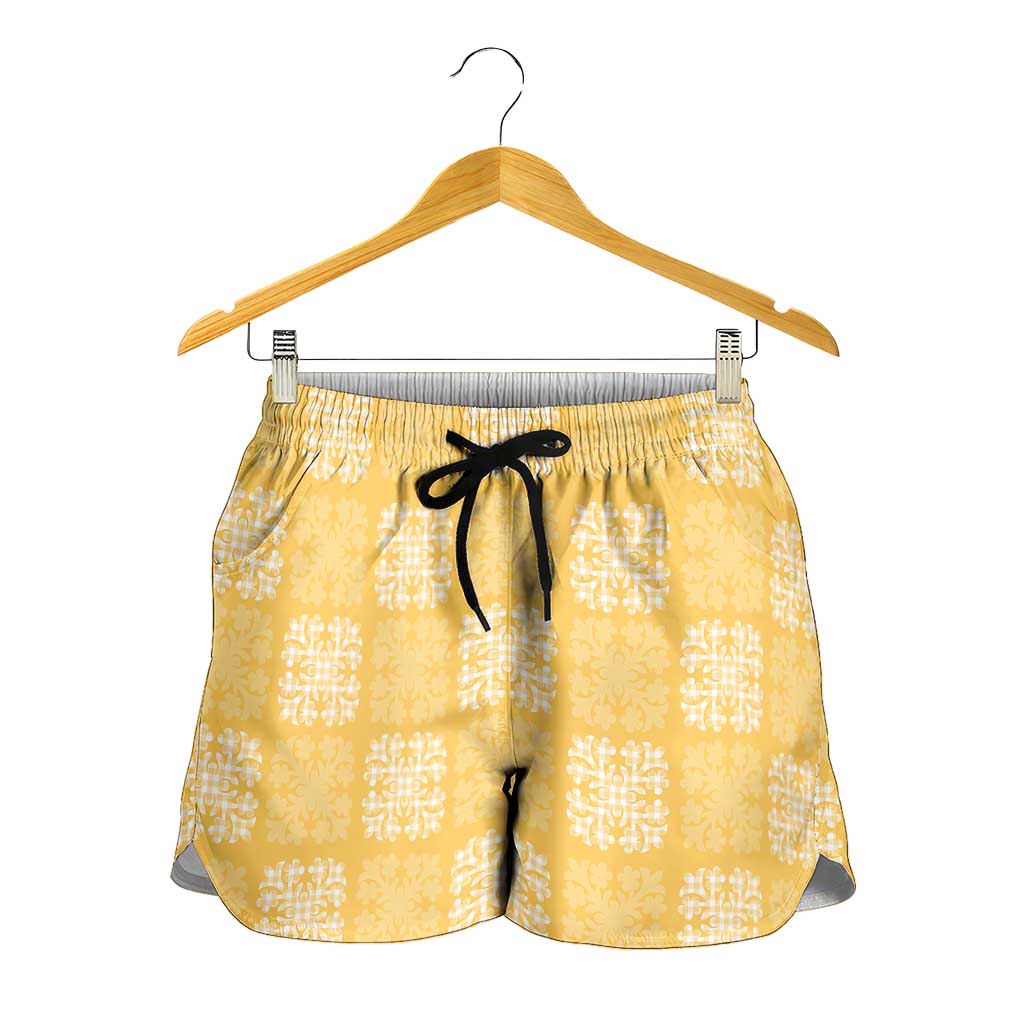 Yellow Palaka Quilt Hawaii Shorts for Women Traditional Hawaii-plaid Pattern LT14 - Polynesian Pride