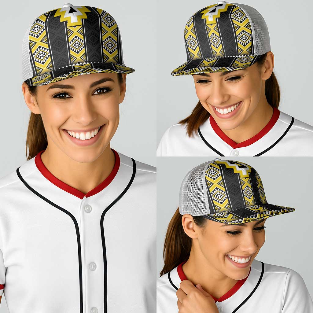Yellow Taniko Aotearoa Baseball Net Cap Niho Taniwha Mix Poutama - Polynesian Pride