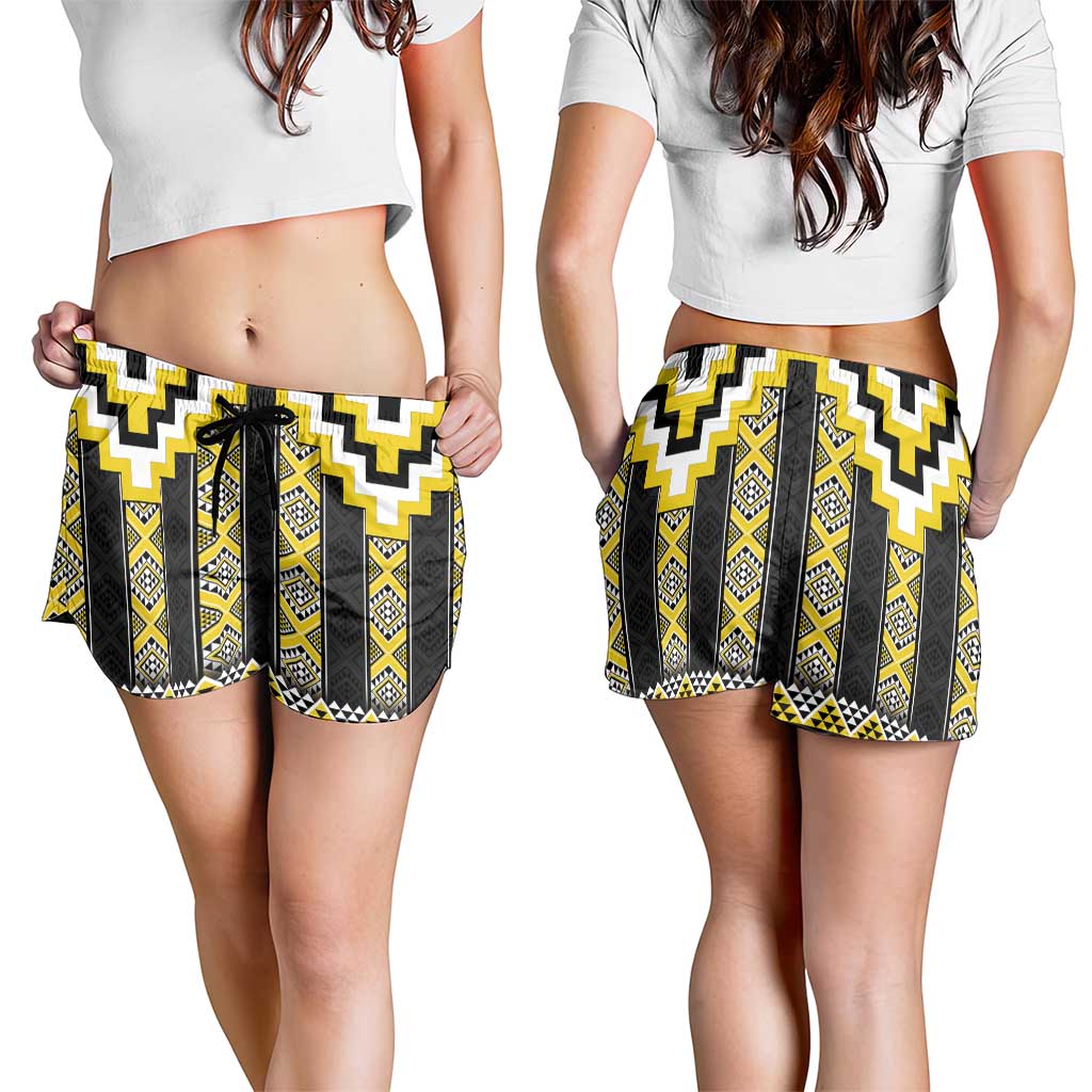 Yellow Taniko Aotearoa Shorts for Women Niho Taniwha Mix Poutama
