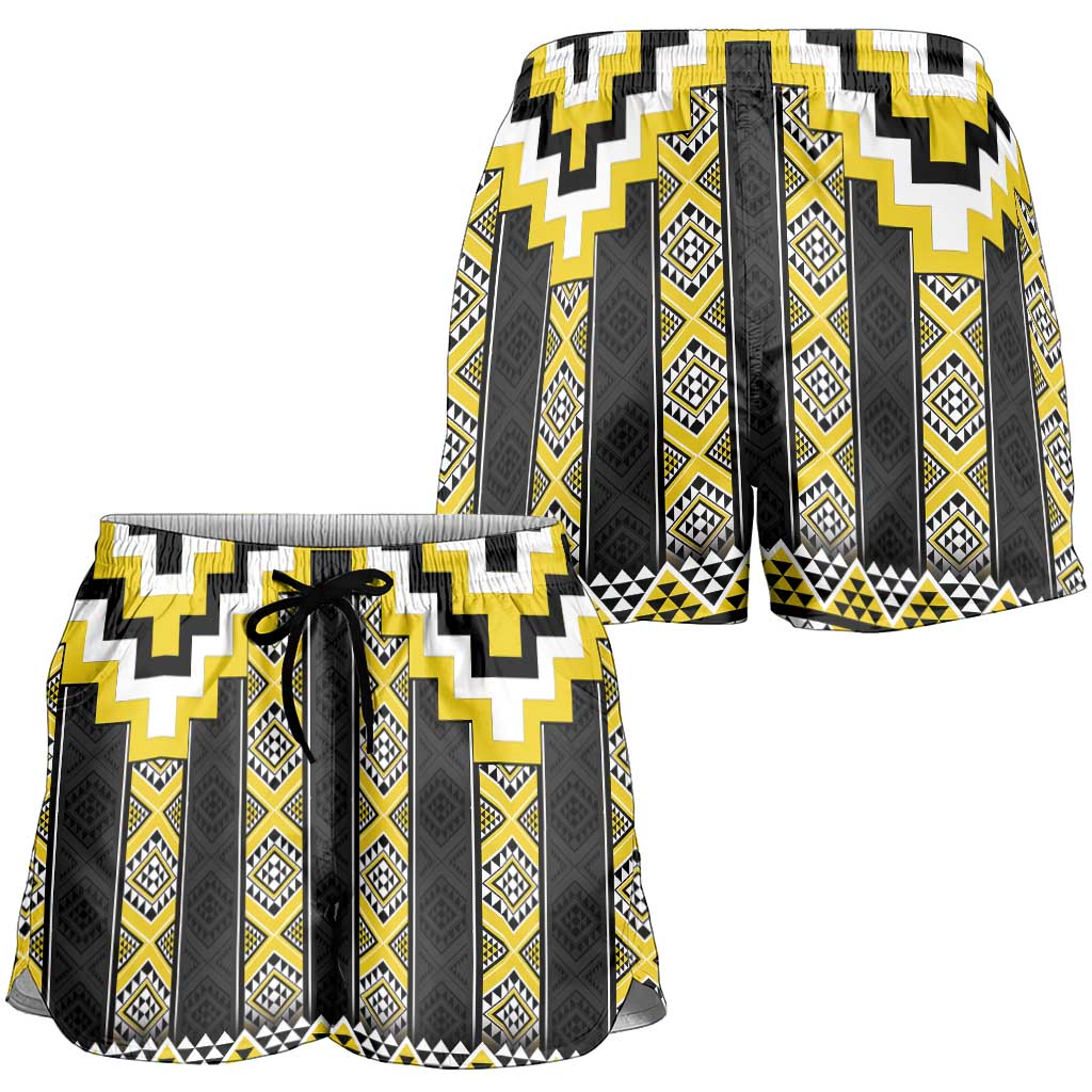 Yellow Taniko Aotearoa Shorts for Women Niho Taniwha Mix Poutama