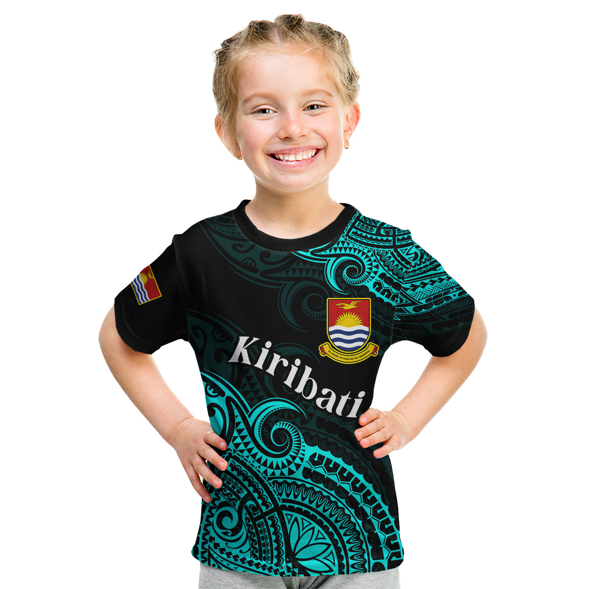 (Custom Personalised) Ribaberiki Kiribati Coat Of Arms Mix Cyan Polynesian Kid T Shirt LT14 Youth XL Size14 - Polynesian Pride