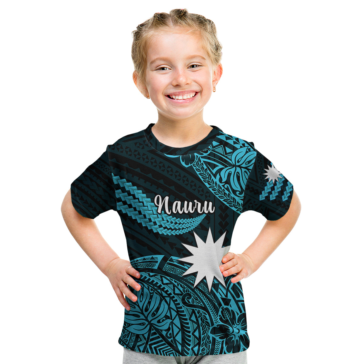 (Custom Personalised) Nauru Polynesian Hibiscus Naoero Turquoise Kid T Shirt LT14 Youth XL Size14 - Polynesian Pride