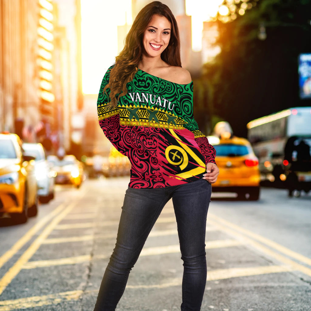 Vanuatu Dreamy Off Shoulder Sweater Flag and Pattern LT13 - Polynesian Pride