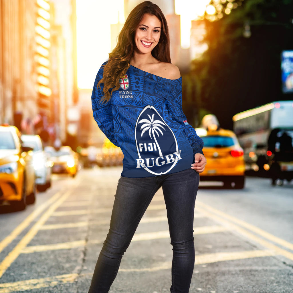 Fiji Rugby Off Shoulder Sweater Flying Fijians Blue Tapa Pattern LT13 - Polynesian Pride