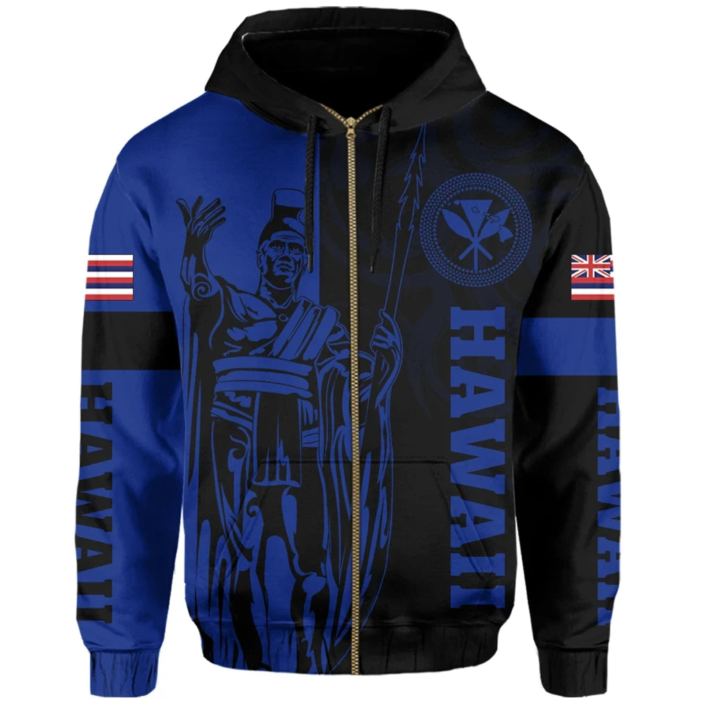 Polynesian Pride Hoodie Hawaii King Polynesian Hoodie Zip up Lawla Style Blue - Polynesian Pride