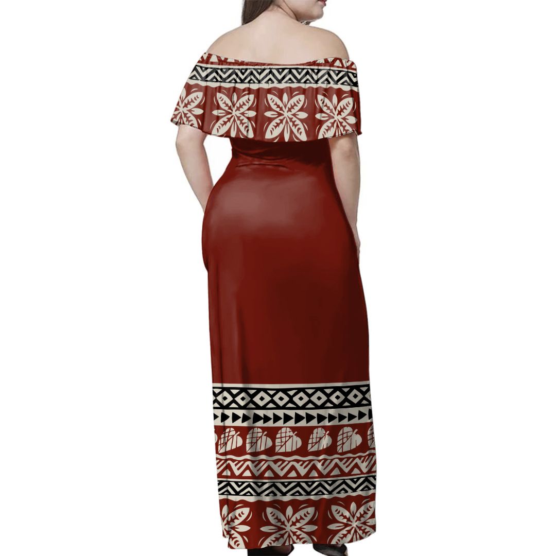NE Fiji Bula Dress - Ancient Tropical Pattern Off Shoulder Long Dress - Polynesian Pride