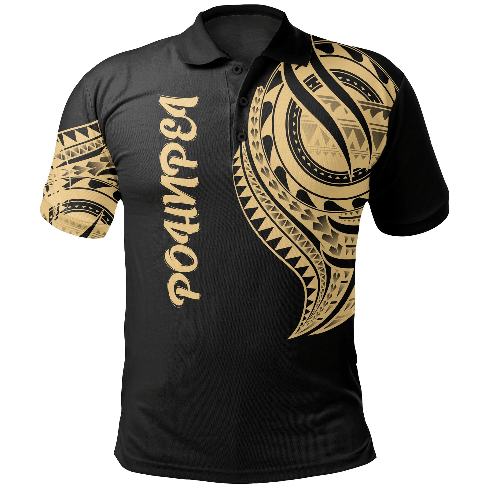Polynesian Pride Apparel Pohnpei State Polo Shirt Micronesian Tatau Gold Patterns Unisex Black - Polynesian Pride