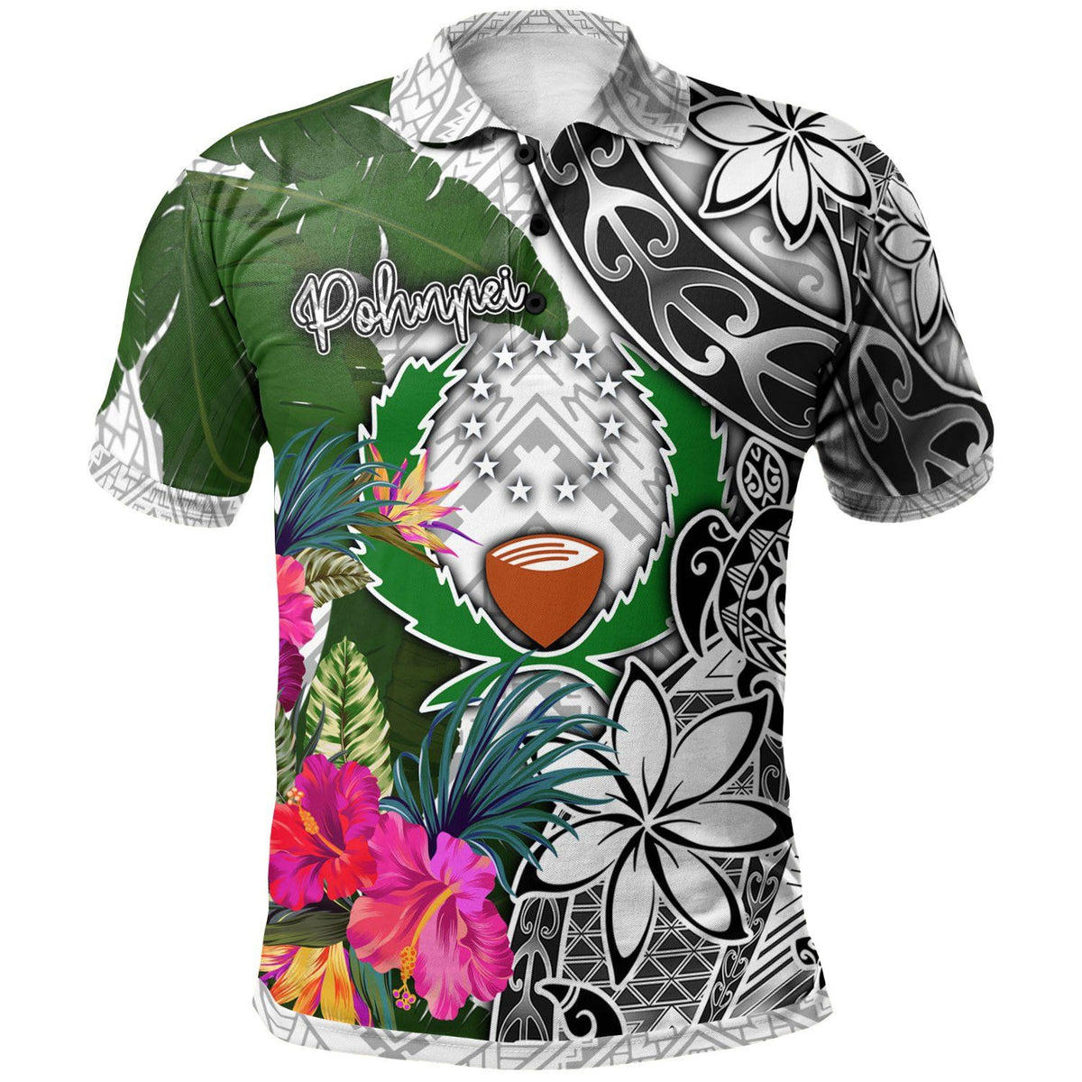 Polynesian Pride Apparel Pohnpei Polo Shirt White Turtle Plumeria Banana Leaf Unisex White - Polynesian Pride