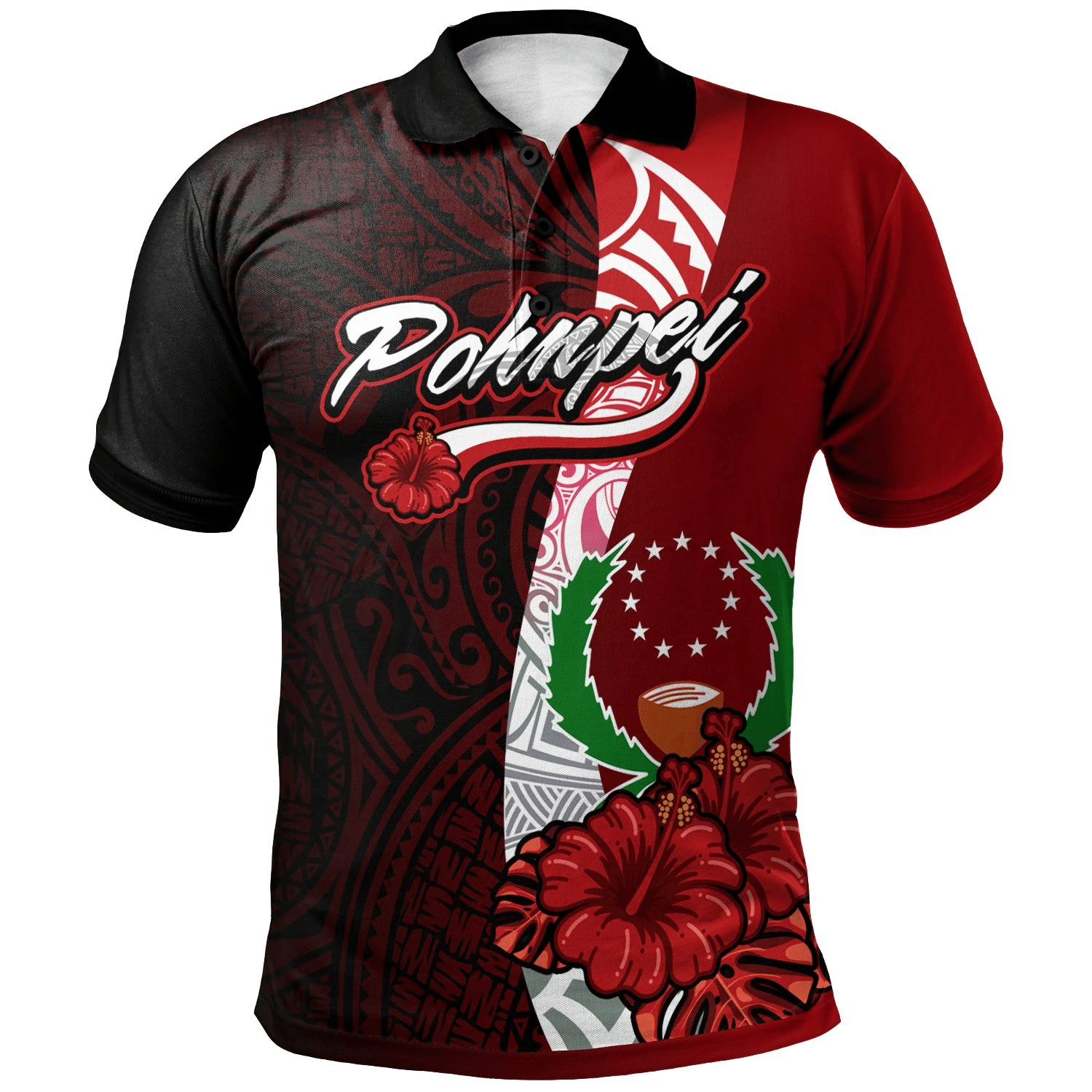 Polynesian Pride Apparel Pohnpei Micronesia Polo Shirt Coat Of Arm With Hibiscus Unisex Red - Polynesian Pride