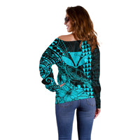 Kakau Polynesian Tribal Hawaiian Turtle with Kanaka Maoli Teal Off Shoulder Sweater LT9 - Polynesian Pride