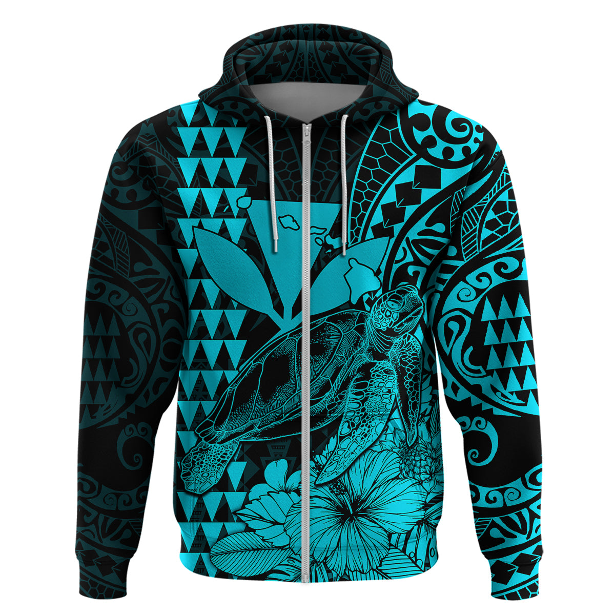 Kakau Polynesian Tribal Hawaiian Turtle with Kanaka Maoli Teal Hoodie LT9 - Polynesian Pride