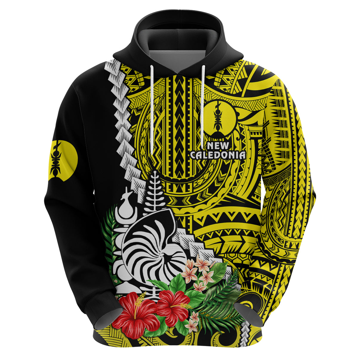 Custom New Caledonia Polynesian Coat of Arms Mix Tropical Flowers Hoodie LT14 Zip Hoodie Yellow - Polynesian Pride