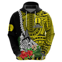 Custom New Caledonia Polynesian Coat of Arms Mix Tropical Flowers Hoodie LT14 Zip Hoodie Yellow - Polynesian Pride