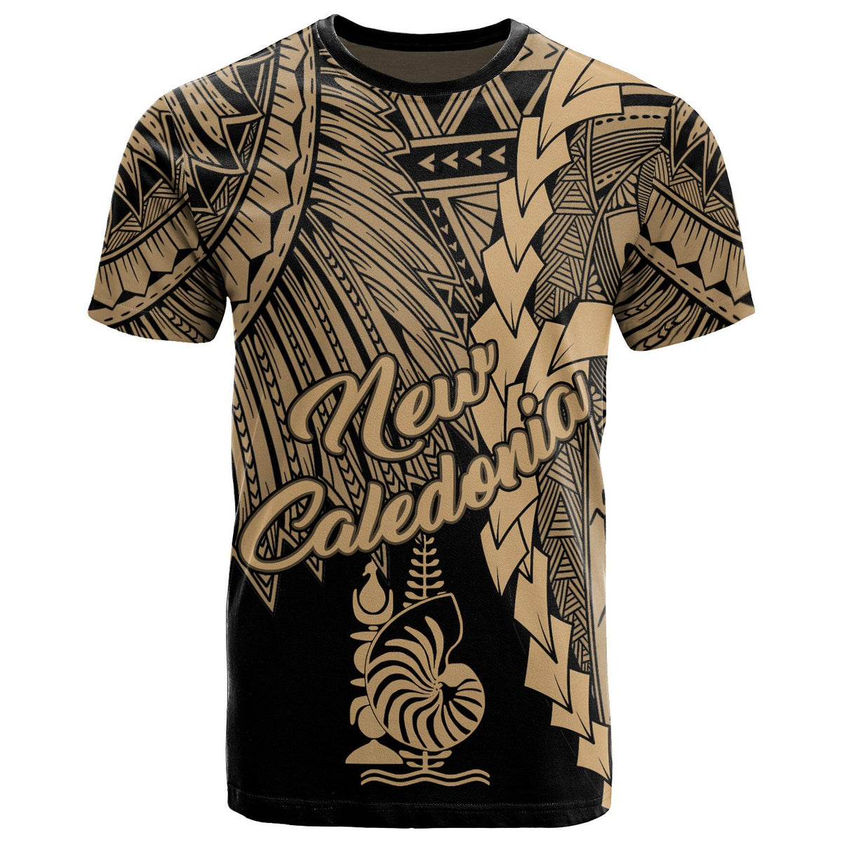 New Caledonia Polynesian T Shirt Tribal Wave Tattoo Gold Unisex Gold - Polynesian Pride