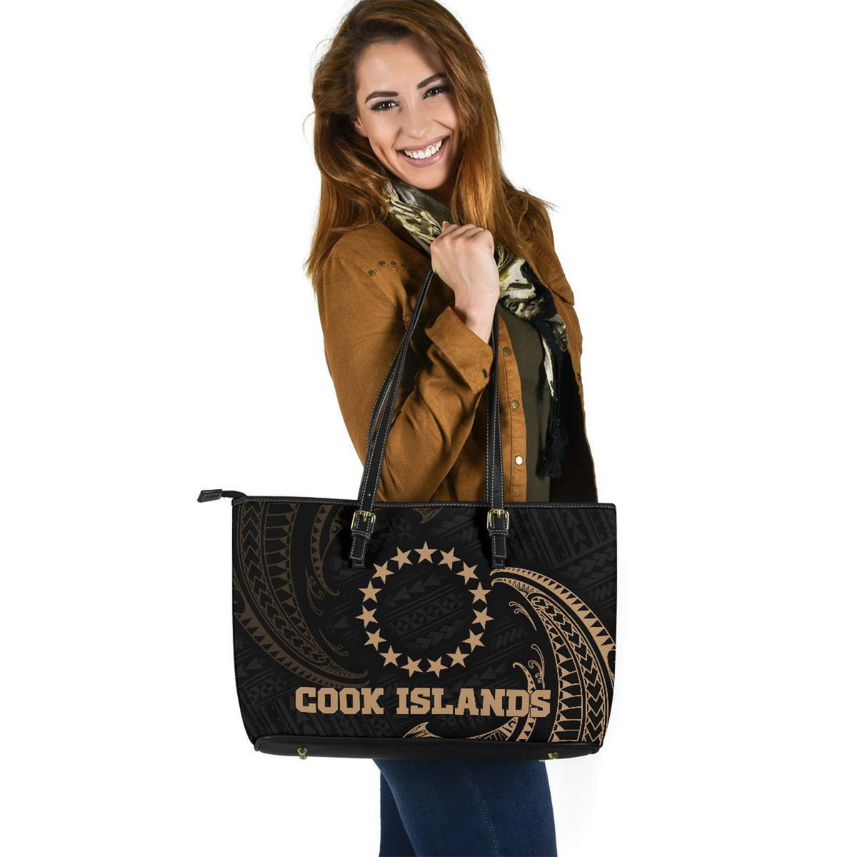 Cook Islands Polynesian Leather Tote Bag - Gold Tribal Wave - Polynesian Pride