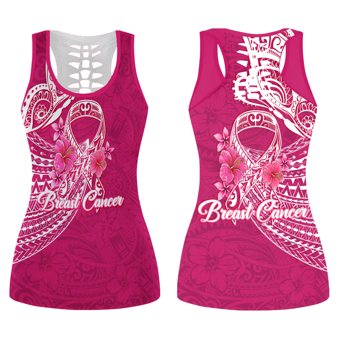 Breast Cancer Pink Ribbon Butterfly Polynesian Pink Version Hollow Tank Top - LT12 Female Pink - Polynesian Pride