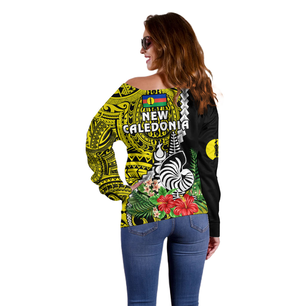 New Caledonia Polynesian Coat Of Arms Mix Tropical Flowers Off Shoulder Sweater LT14 - Polynesian Pride