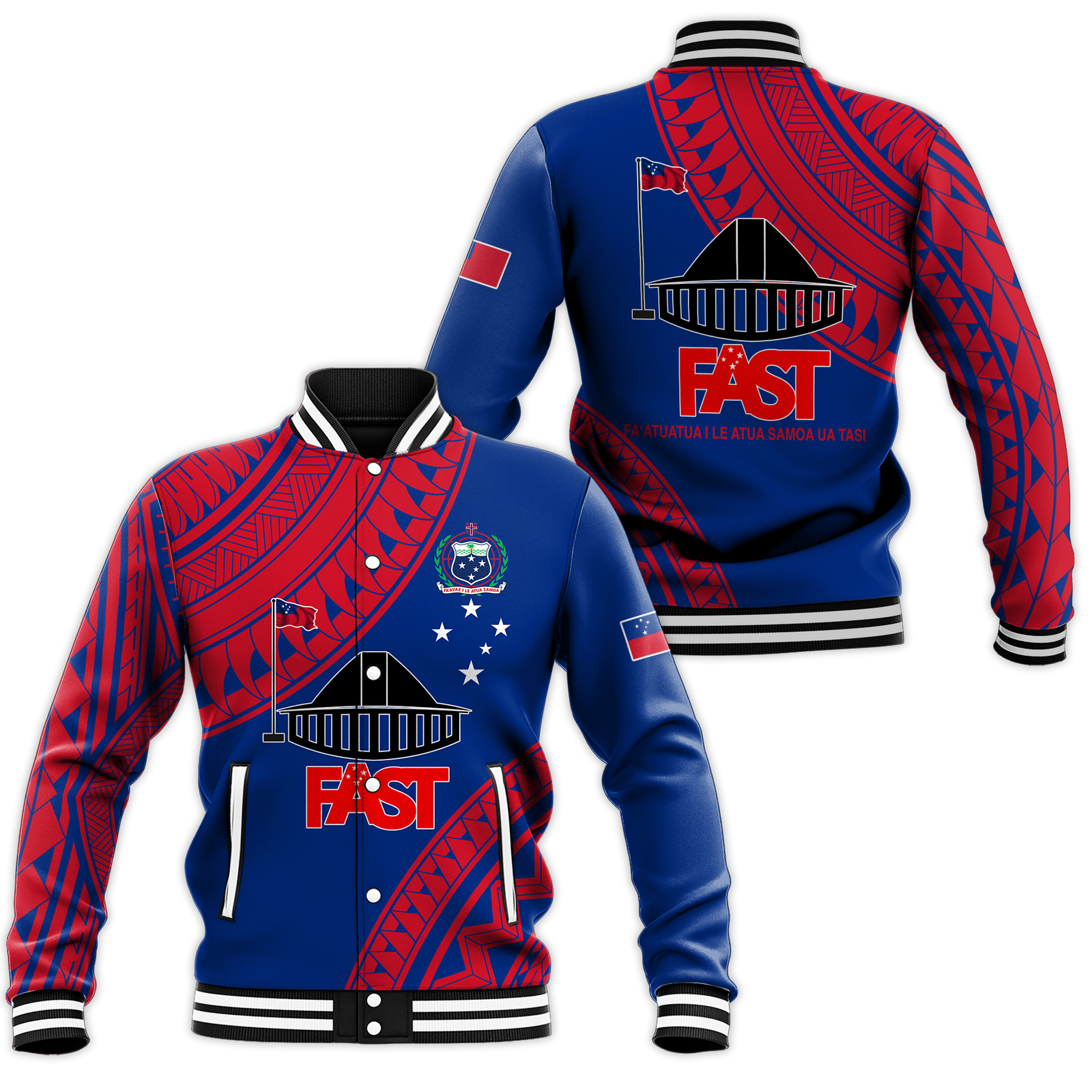 F.A.S.T Samoa Baseball Jacket - Samoan Pattern - LT12 Unisex Blue - Polynesian Pride