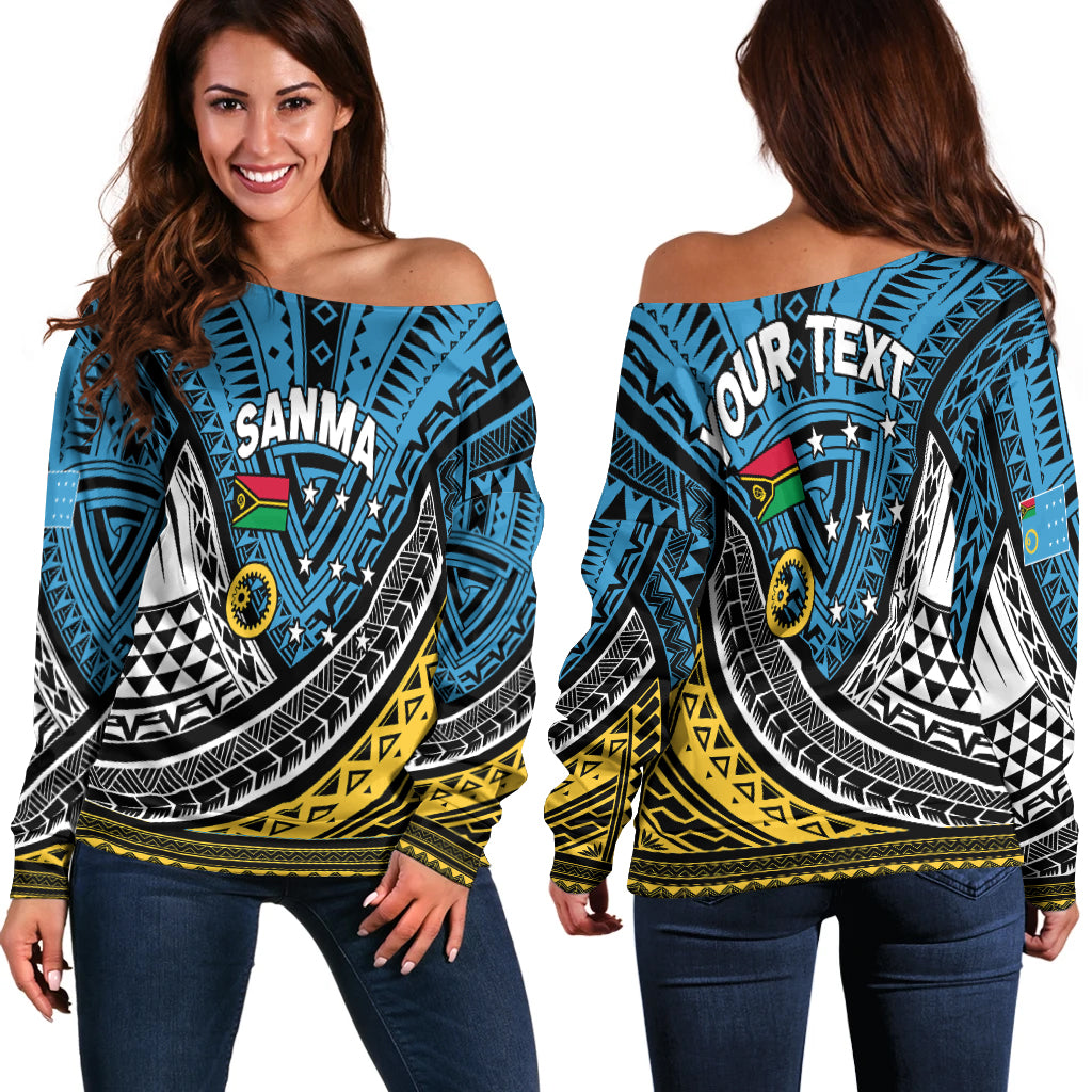 (Custom Personalised) Vanuatu Sanma Province Tribal Pattern Women Off Shoulder Sweater - LT12 Women Off Shoulder Sweater Blue - Polynesian Pride
