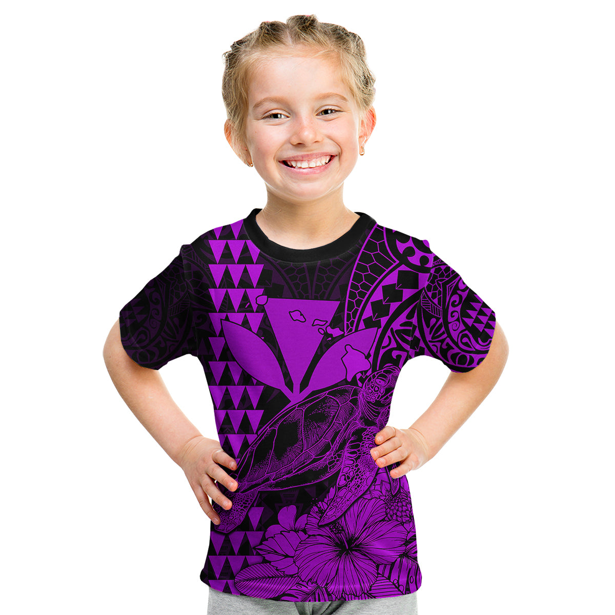 Kakau Polynesian Tribal Hawaiian Turtle with Kanaka Maoli Purple Kid T Shirt LT9 Youth XL Size14 - Polynesian Pride