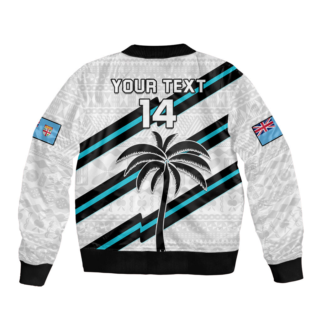 (Custom Text And Number) Fiji Rugby Tapa Pattern Fijian 7s White Sleeve Zip Bomber Jacket LT14 - Polynesian Pride