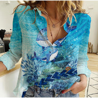Mother and Baby Whale Mix Polynesian Style Women Casual Shirt TS07 Female Blue - Polynesian Pride