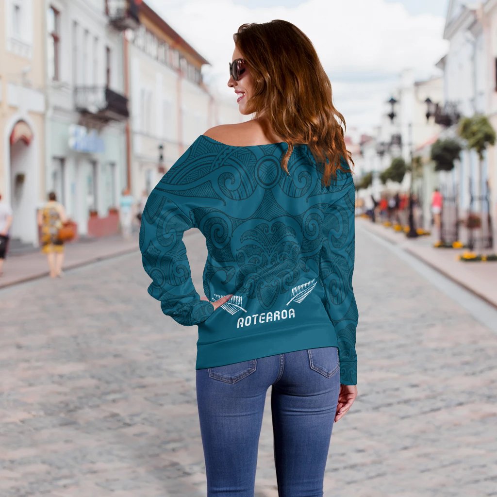 Maori 2021 Off Shoulder Sweater - Turquoise Aotearoa Tattoo LT13 - Polynesian Pride