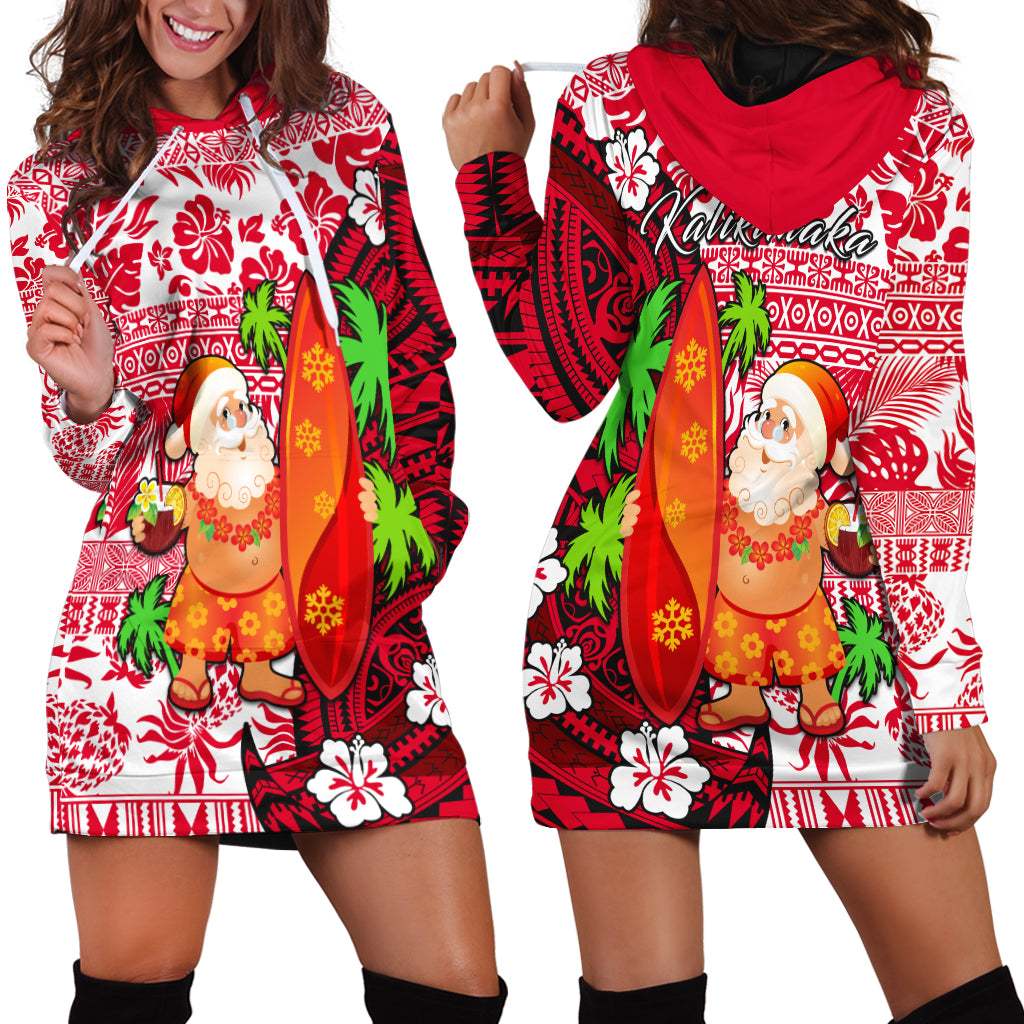 Mele Kalikimaka Hoodie Dress - Christmas Hawaii With Santa Claus LT13 Red - Polynesian Pride