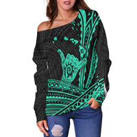 Hawaii Shaka Polynesian Tribal Turquoise Women Off Shoulder Sweater - LT12 - Polynesian Pride