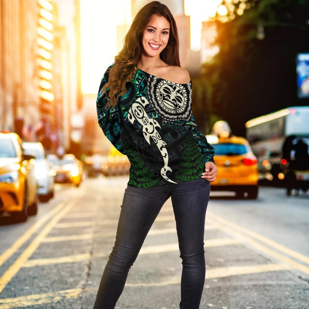 Aotearoa Paua Shell Off Shoulder Sweater Maori Manaia and Fish LT13 - Polynesian Pride