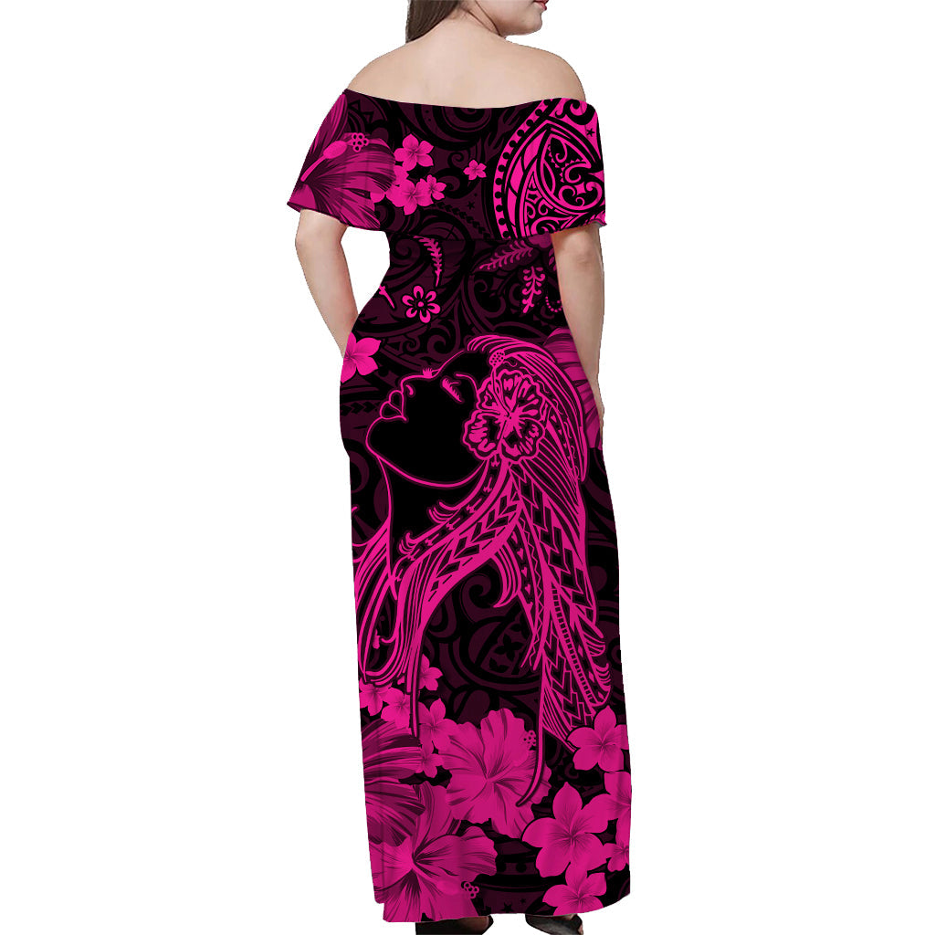Hawaii Off Shoulder Long Dress Polynesia Pink Beautiful Hula Girl LT13 - Polynesian Pride