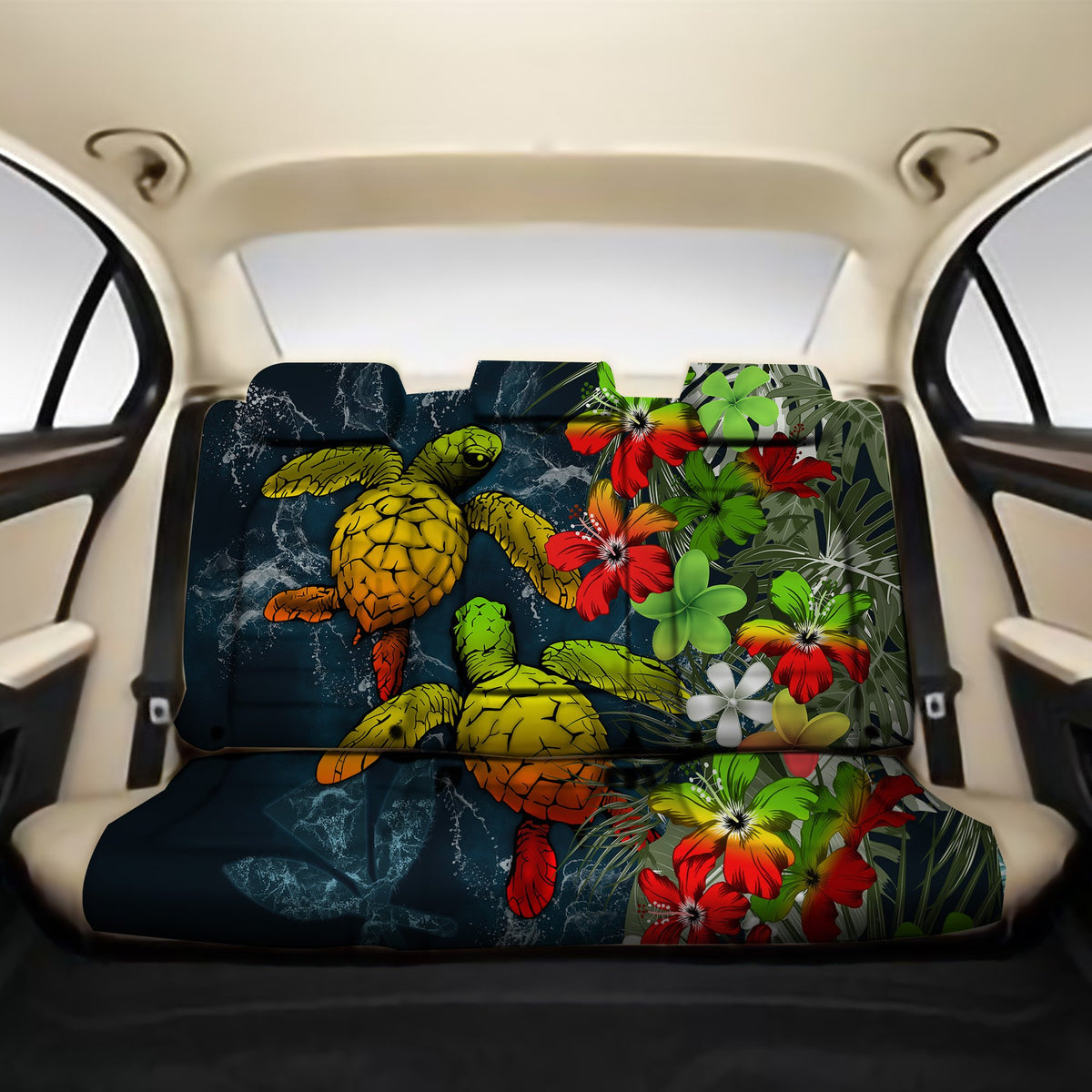 Kanaka Maoli (Hawaiian) Back Car Seat Covers - Sea Turtle Tropical Hibiscus And Plumeria Reggae One Size Reggae - Polynesian Pride